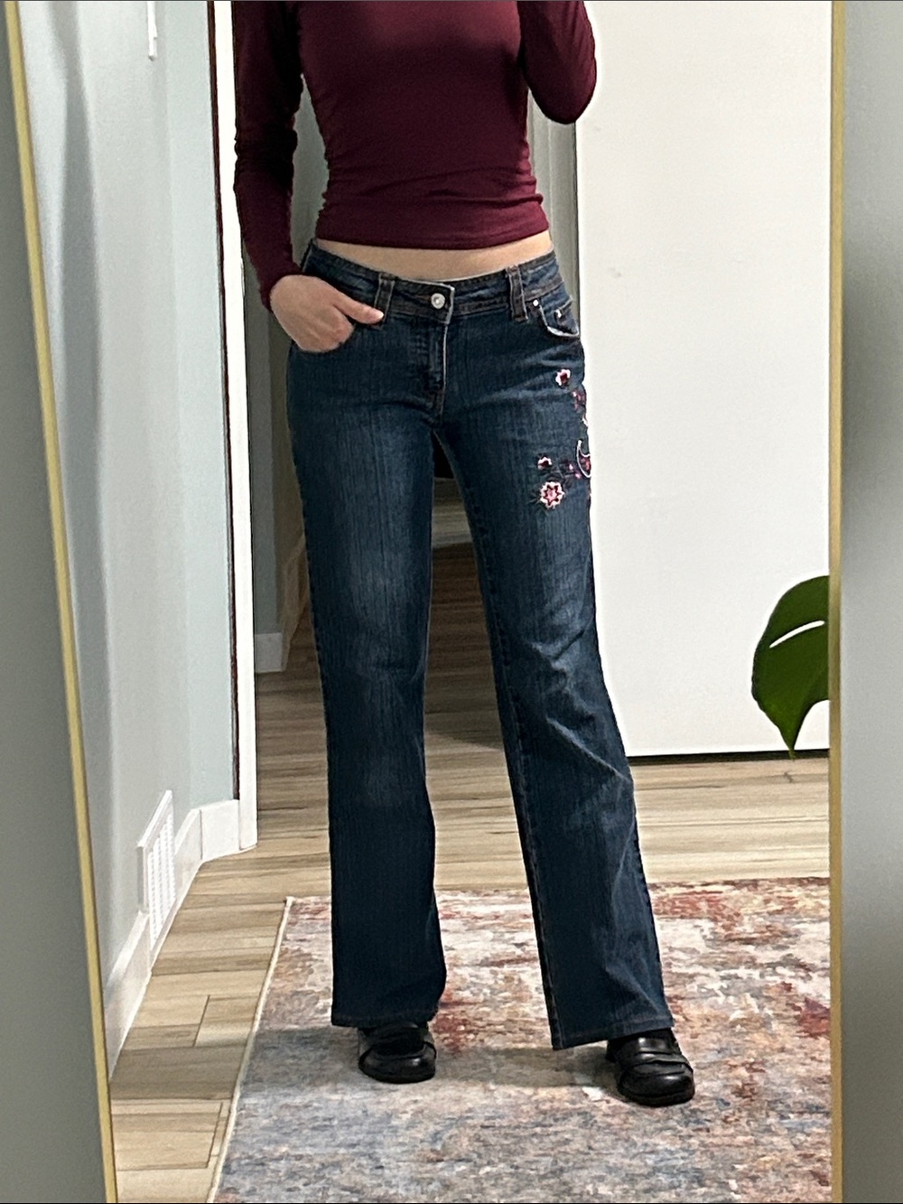 Embroidered Dark Blue low rise Wide-Leg Jeans for Women